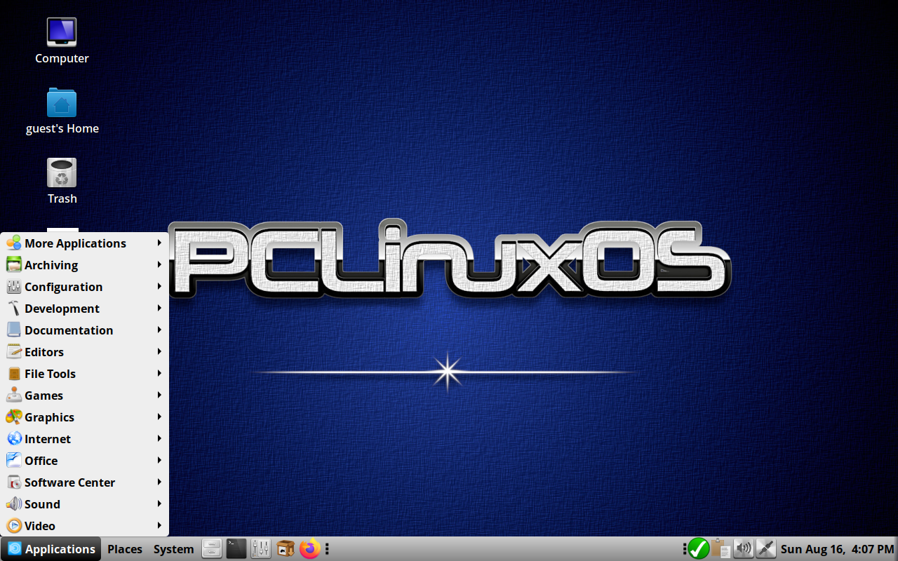 Menu Applications PCLinuxOS berisi Archiving, Configuration, Development, Editors, File Tools, Games, Graphics, Internet, Office, Software Center, Sound, dan Video