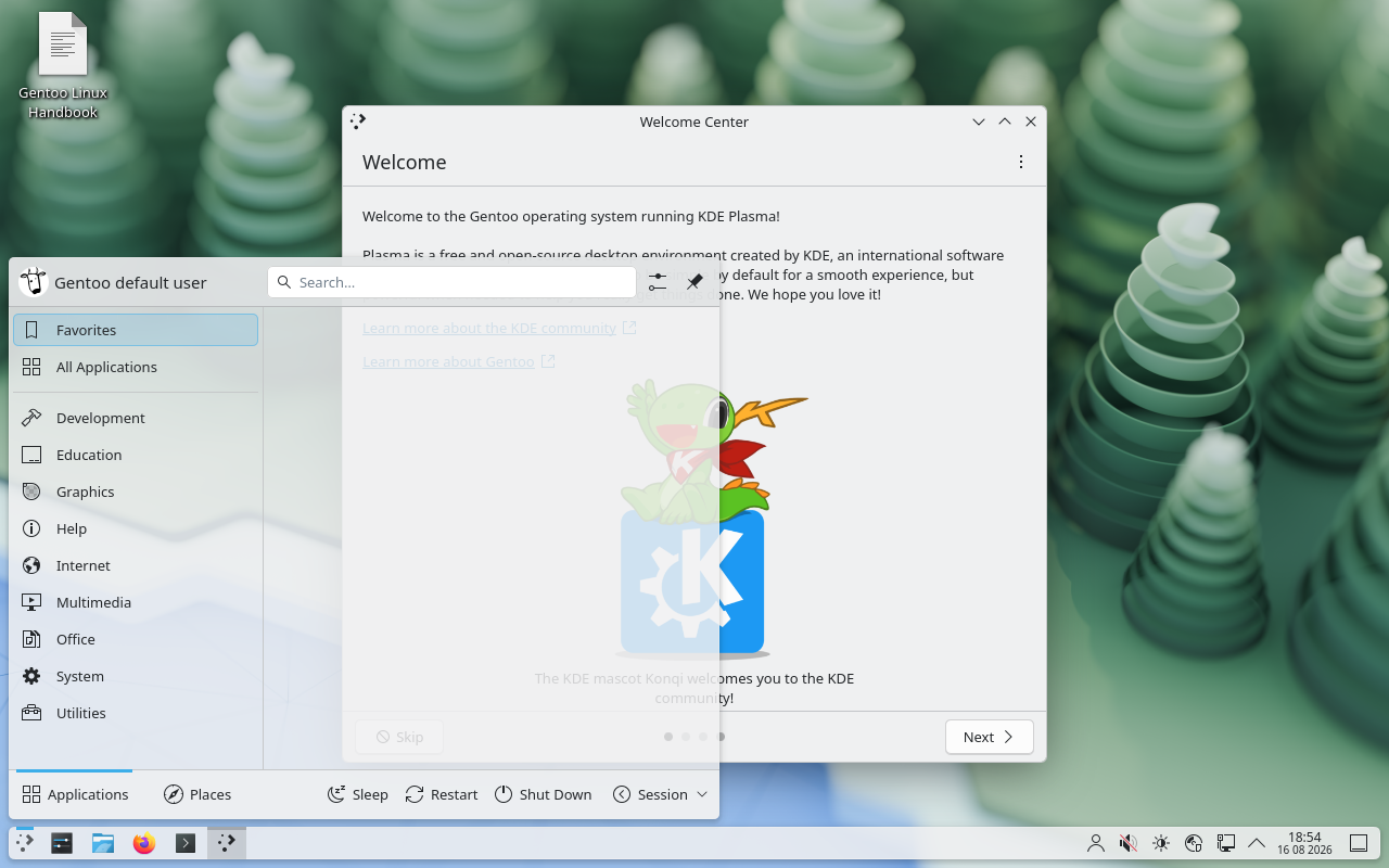 Menu aplikasi KDE di Gentoo LiveDVD berisi Development, Graphics, Internet, Office, System, dan Utilities
