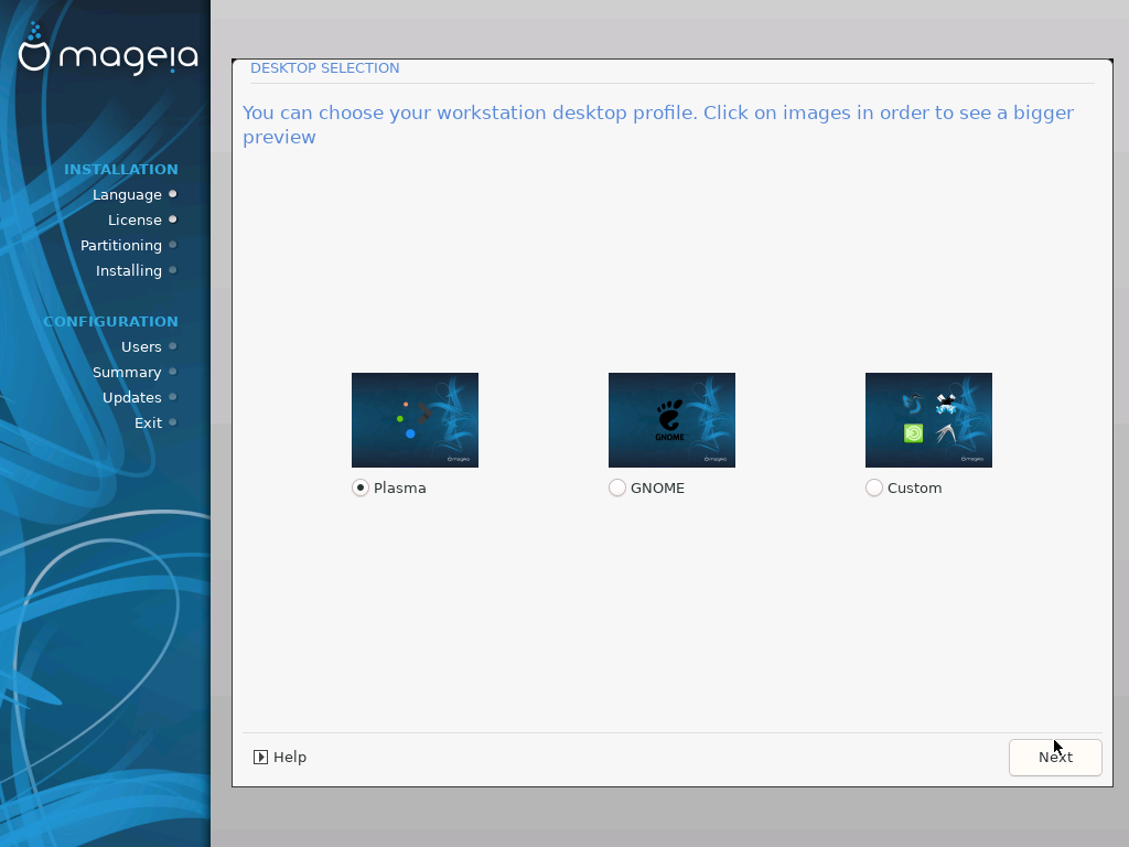 Layar Desktop Selection Mageia dengan pilihan Plasma, GNOME, dan Custom
