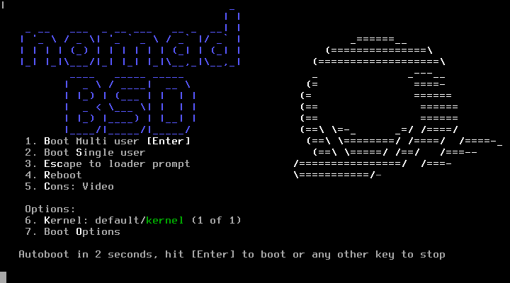 Menu boot loader FreeBSD NomadBSD dengan pilihan Boot Multi user, Boot Single user, Escape to loader prompt, Reboot, dan Cons Video, disertai logo ASCII beastie BSD