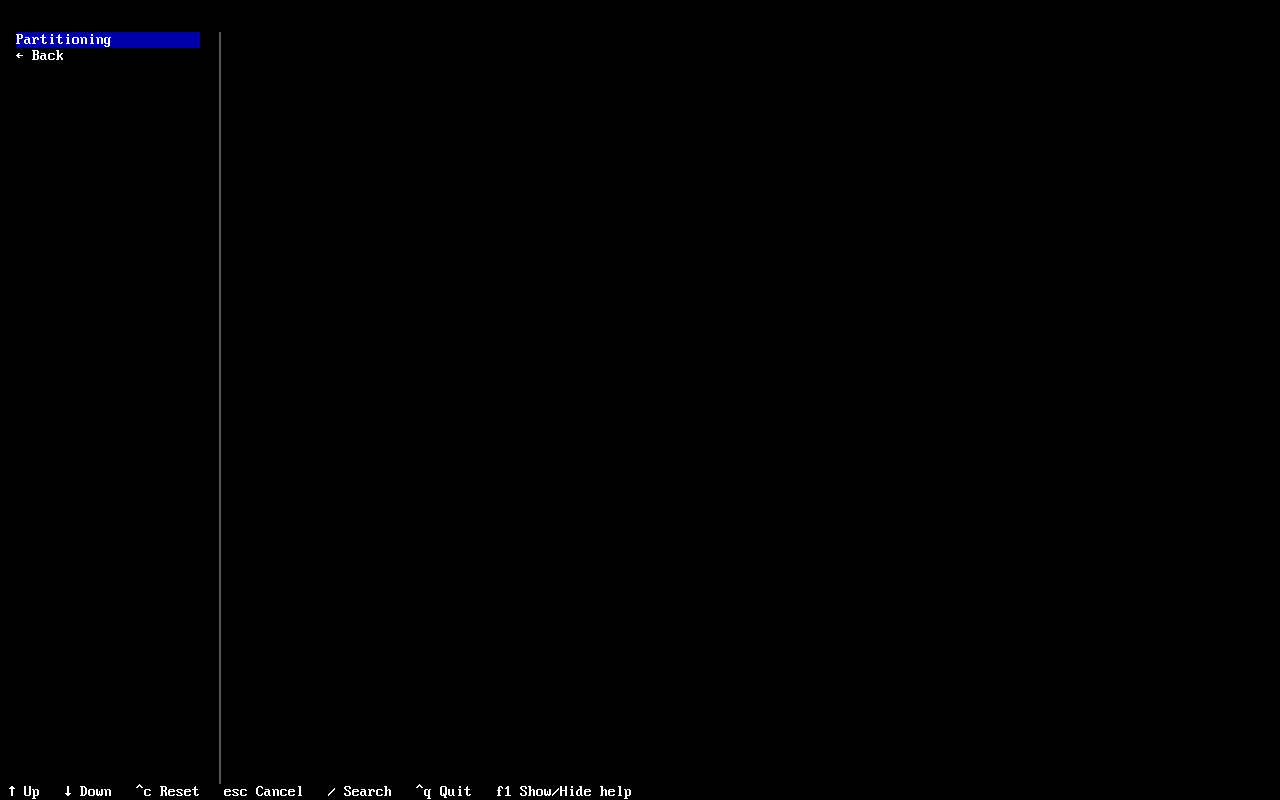 Submenu Disk configuration archinstall dengan pilihan Partitioning dan Back