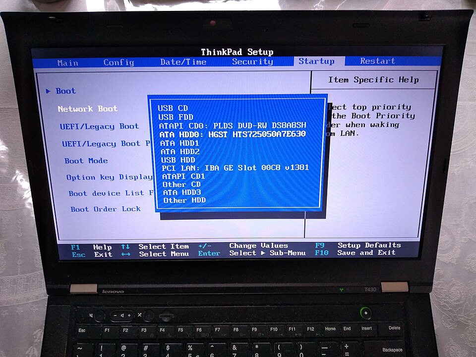 Menu BIOS tab Startup memperlihatkan daftar urutan boot dan tombol F10 Save and Exit