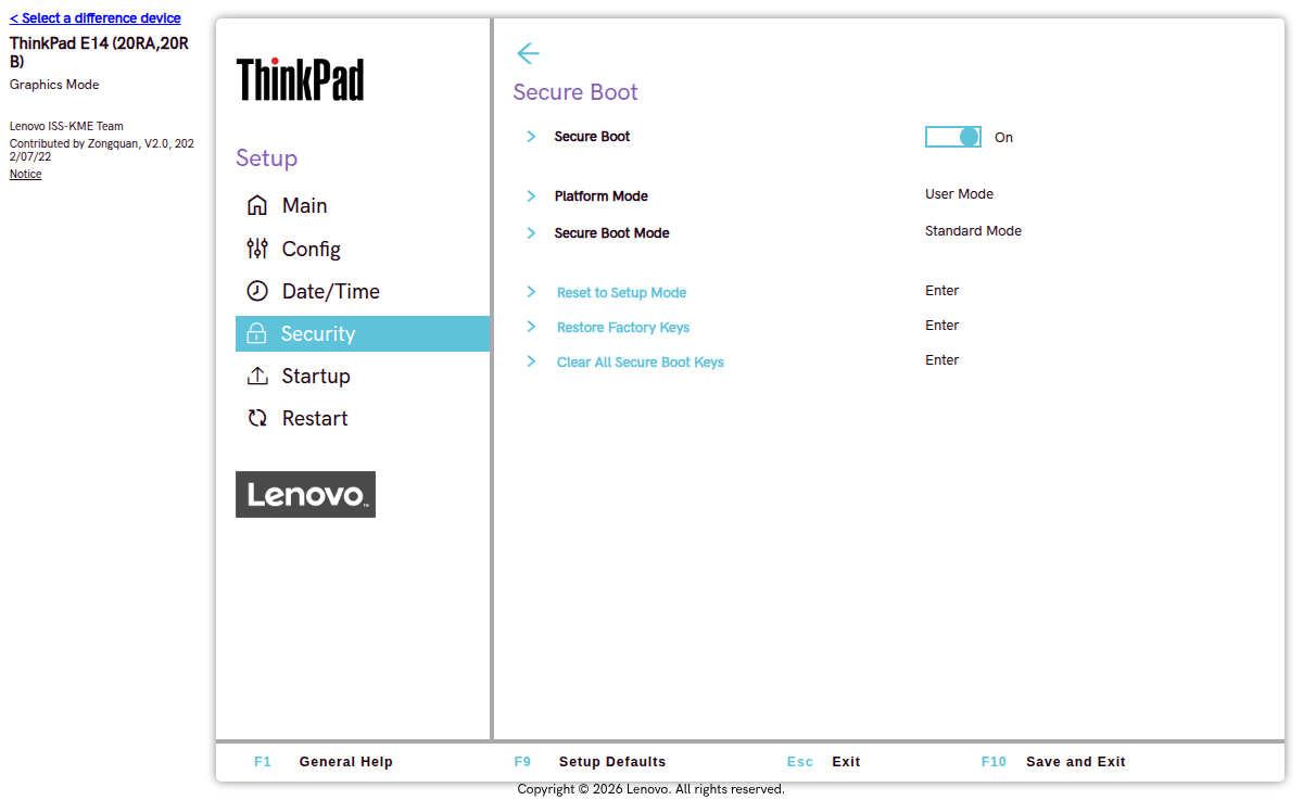 Layar Secure Boot ThinkPad dengan tombol On Off