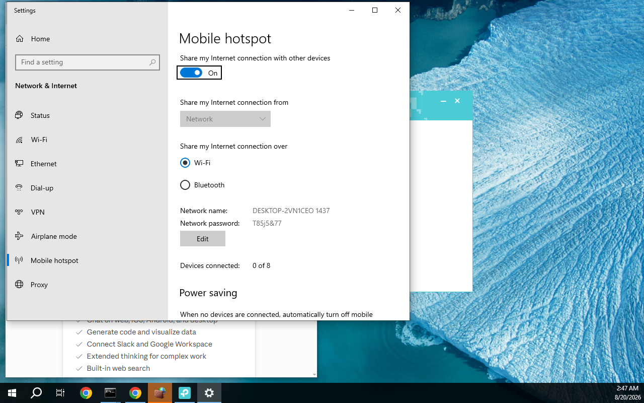 Toggle Share my Internet connection with other devices dalam posisi On, dengan status Devices connected 0 dari 8