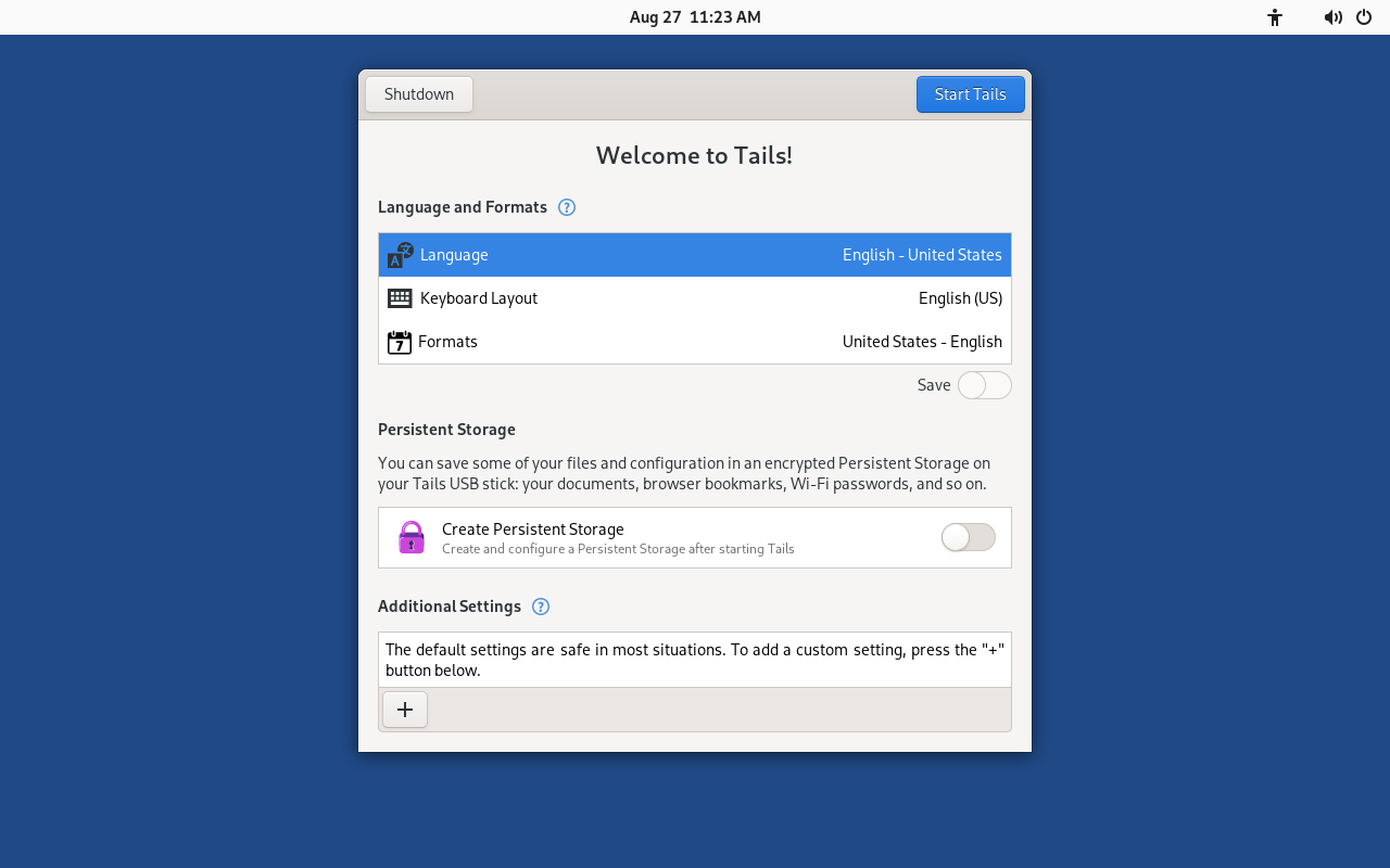 Jendela Tails Greeter berjudul Welcome to Tails dengan pengaturan Language and Formats, opsi Create Persistent Storage yang nonaktif, Additional Settings, serta tombol Start Tails