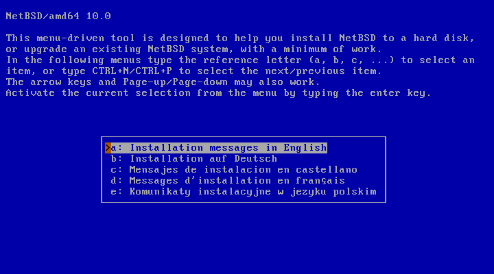 Layar awal pemasang sysinst NetBSD/amd64 10.0 dengan menu pilihan bahasa: Installation messages in English, Deutsch, castellano, francais, dan polskim