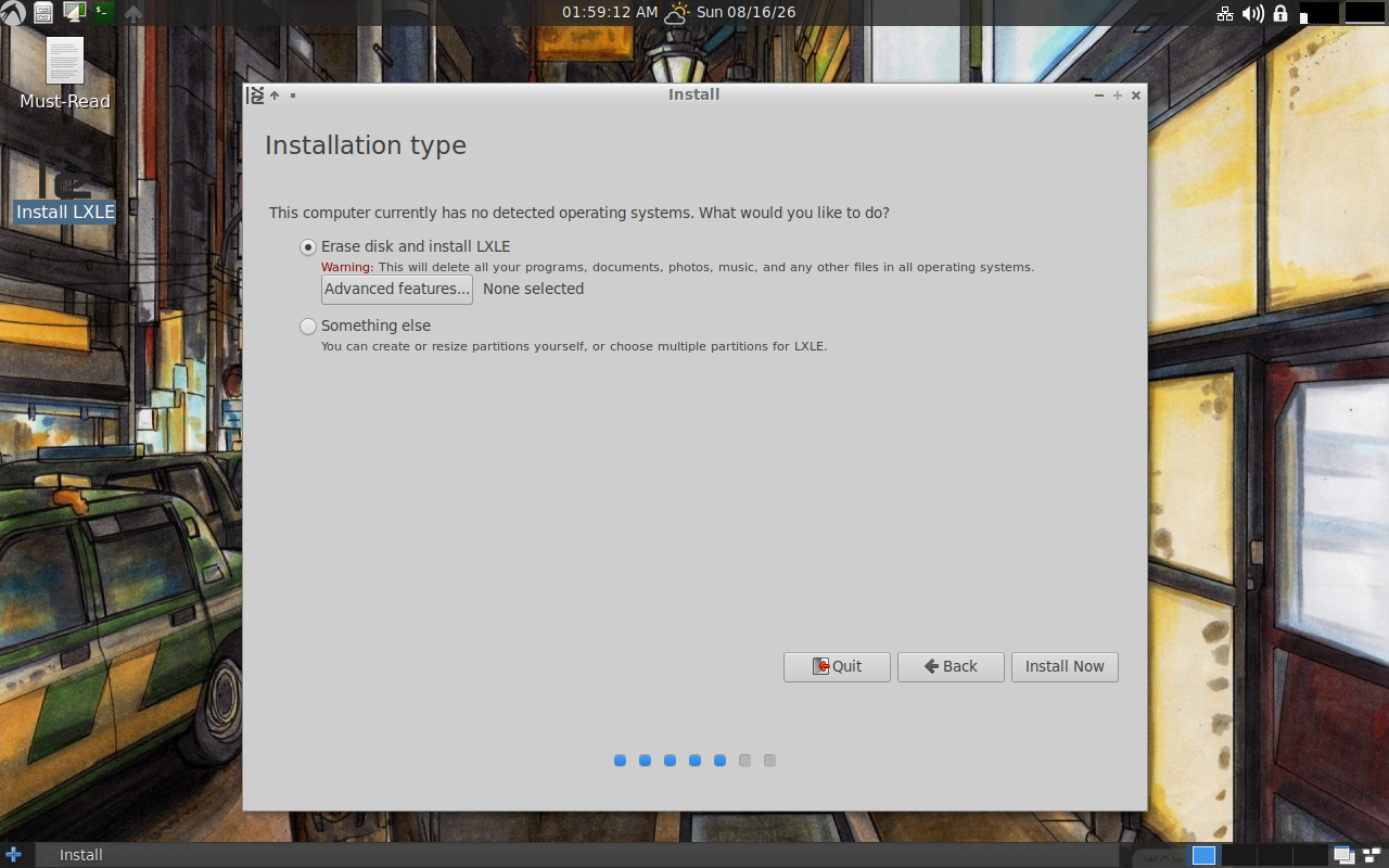 Layar Installation type LXLE dengan pilihan Erase disk and install LXLE