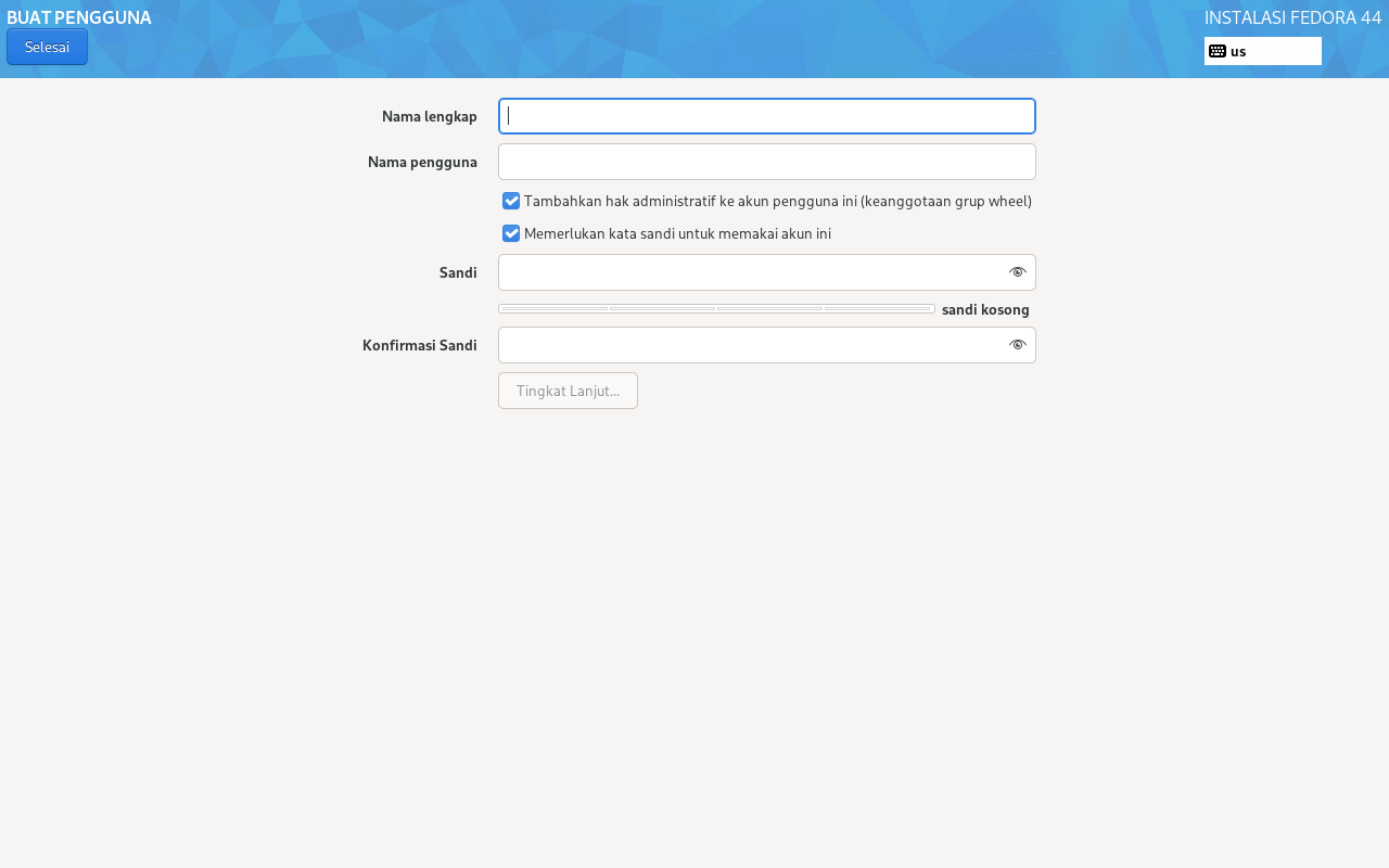 Layar Buat Pengguna Fedora dengan isian Nama lengkap, Nama pengguna, dan Sandi