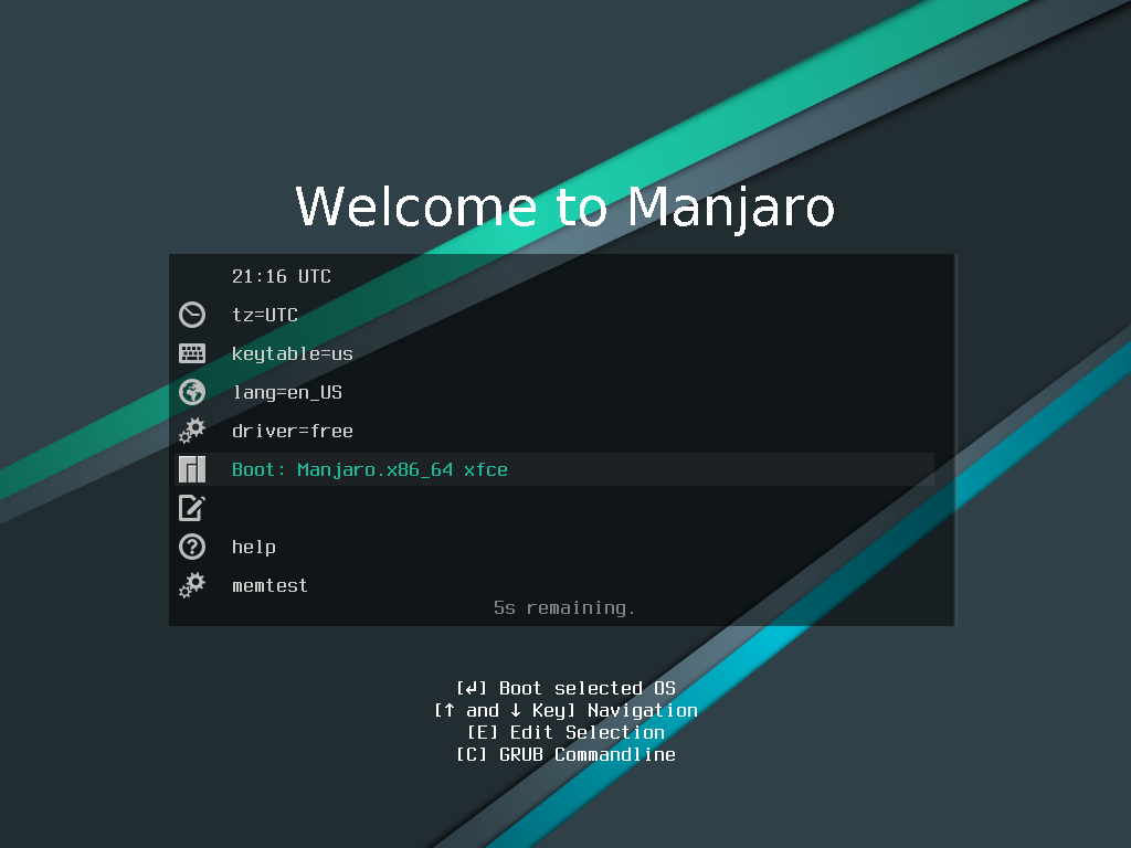 Menu boot GRUB Welcome to Manjaro dengan pilihan Boot Manjaro.x86_64 xfce, help, dan memtest, hitung mundur 5 detik