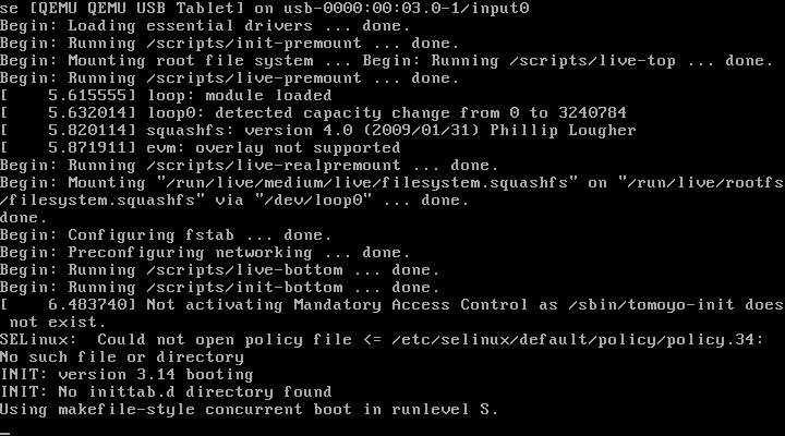 Layar teks boot Devuan berisi log memuat driver, memasang filesystem squashfs, dan baris INIT: version 3.14 booting, Using makefile-style concurrent boot in runlevel S