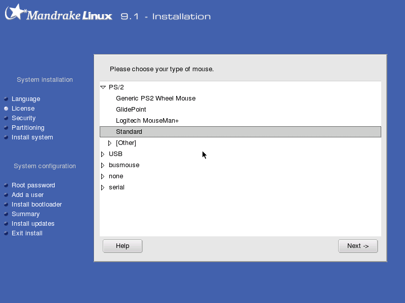 Layar pemilihan tipe mouse pemasang Mandrake Linux 9.1, dengan daftar PS/2, USB, busmouse, dan serial