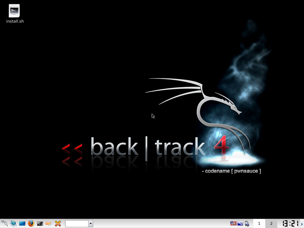 Desktop BackTrack 4 (codename PwnSauce) dengan ikon install.sh di pojok kiri atas