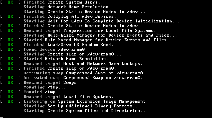 Log proses booting systemd Finnix berwarna hijau OK, menampilkan tahapan seperti Create System Users, udev, swap zram, dan Local File Systems