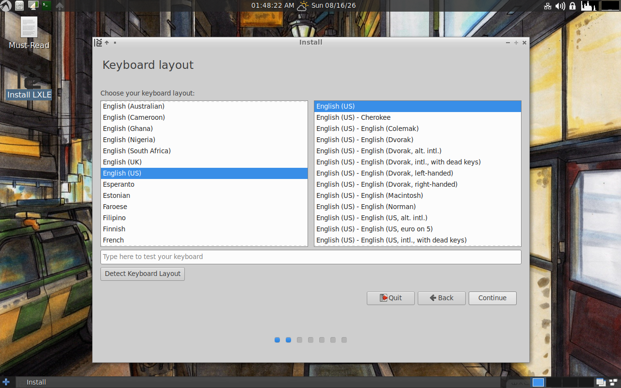 Layar Keyboard layout LXLE dengan English (US) terpilih di kedua kolom