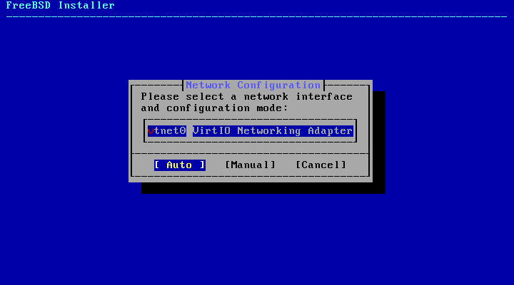 Layar Network Configuration FreeBSD dengan pilihan Auto dan Manual