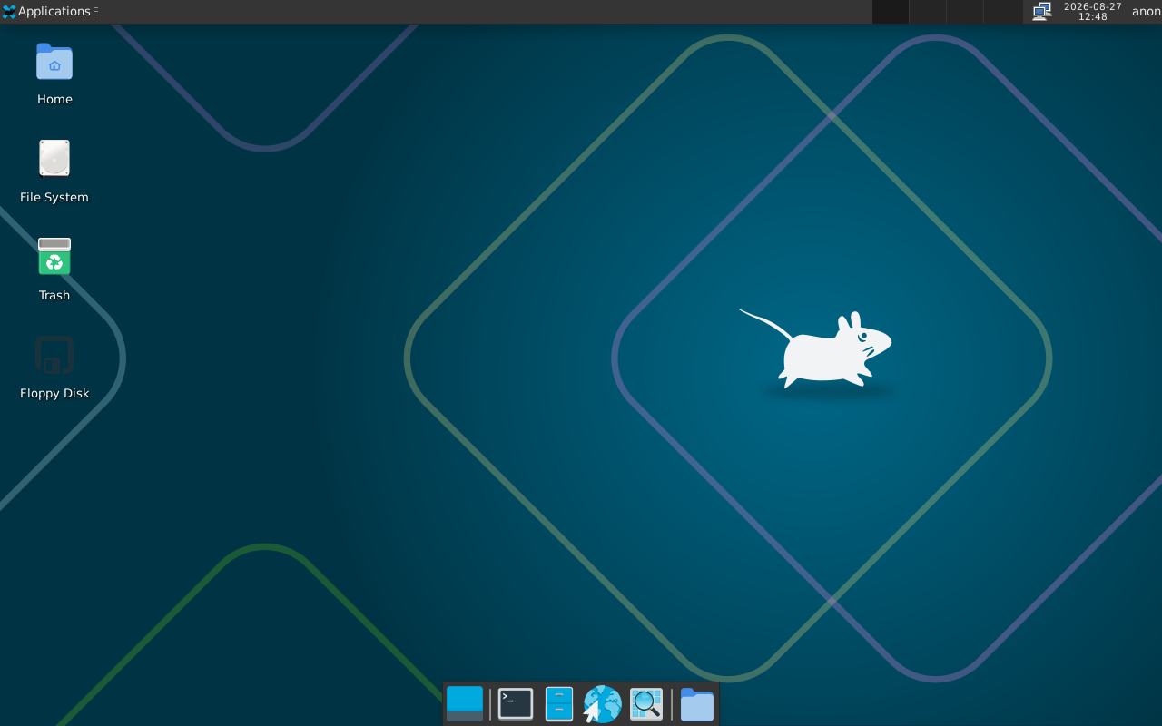 Desktop Xfce Void Linux dengan panel Applications di kiri atas, jam menunjukkan 27-08-2026 12:48, ikon Home/File System/Trash/Floppy Disk di kiri layar, wallpaper biru gelap bermotif garis dengan siluet tikus putih di tengah, dan taskbar peluncur aplikasi di bagian bawah