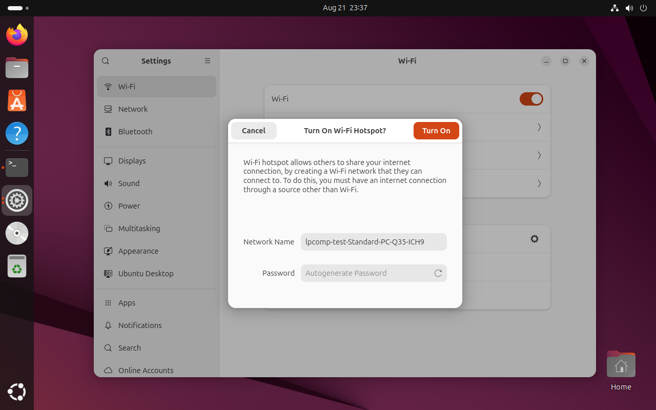 Dialog Turn On Wi-Fi Hotspot di GNOME Settings dengan Network Name terisi otomatis dan opsi Autogenerate Password