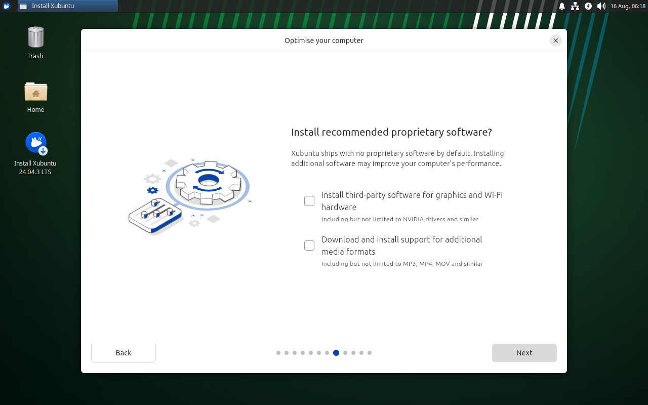 Layar Install recommended proprietary software dengan dua kotak centang