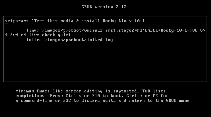Layar edit GRUB menampilkan baris perintah boot yang bisa diubah: setparams Test this media and install Rocky Linux 10.1, linux /images/pxeboot/vmlinuz inst.stage2=hd:LABEL=Rocky-10-1-x86_64-dvd rd.live.check quiet, dan initrd /images/pxeboot/initrd.img