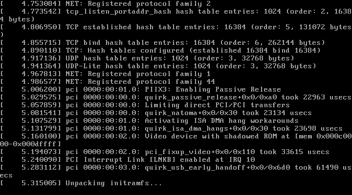 Layar teks hitam berisi log kernel Linux saat boot: pendaftaran protokol jaringan, tabel hash TCP/UDP, deteksi perangkat PCI, dan proses Unpacking initramfs