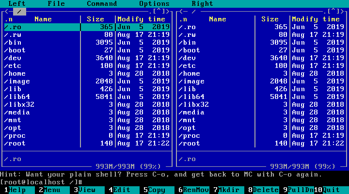 Midnight Commander di ALT rescue dengan dua panel berkas berdampingan