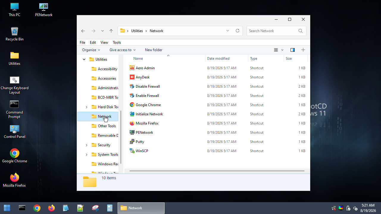 Folder Network berisi AnyDesk, PuTTY, WinSCP, Disable Firewall, Enable Firewall, Google Chrome, dan Mozilla Firefox