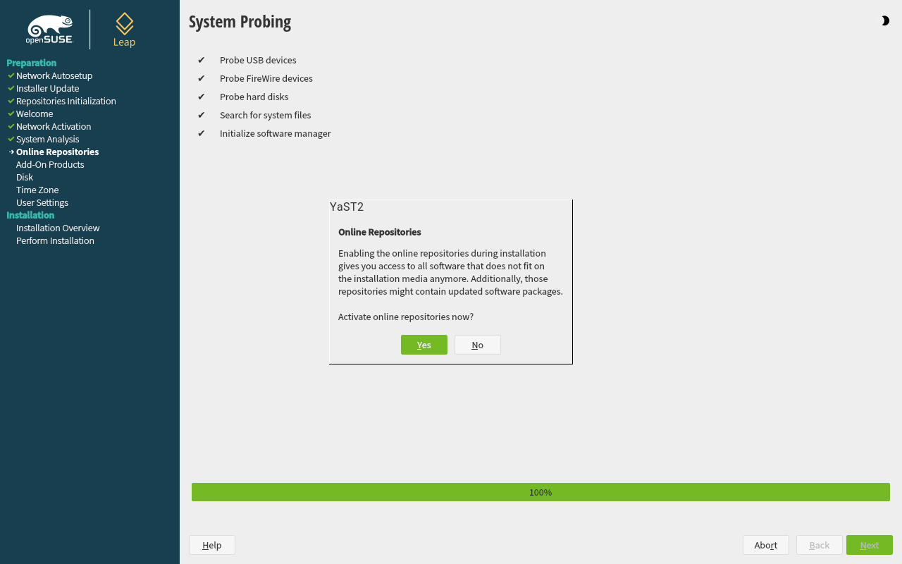 Kotak dialog Online Repositories openSUSE dengan pilihan Yes dan No