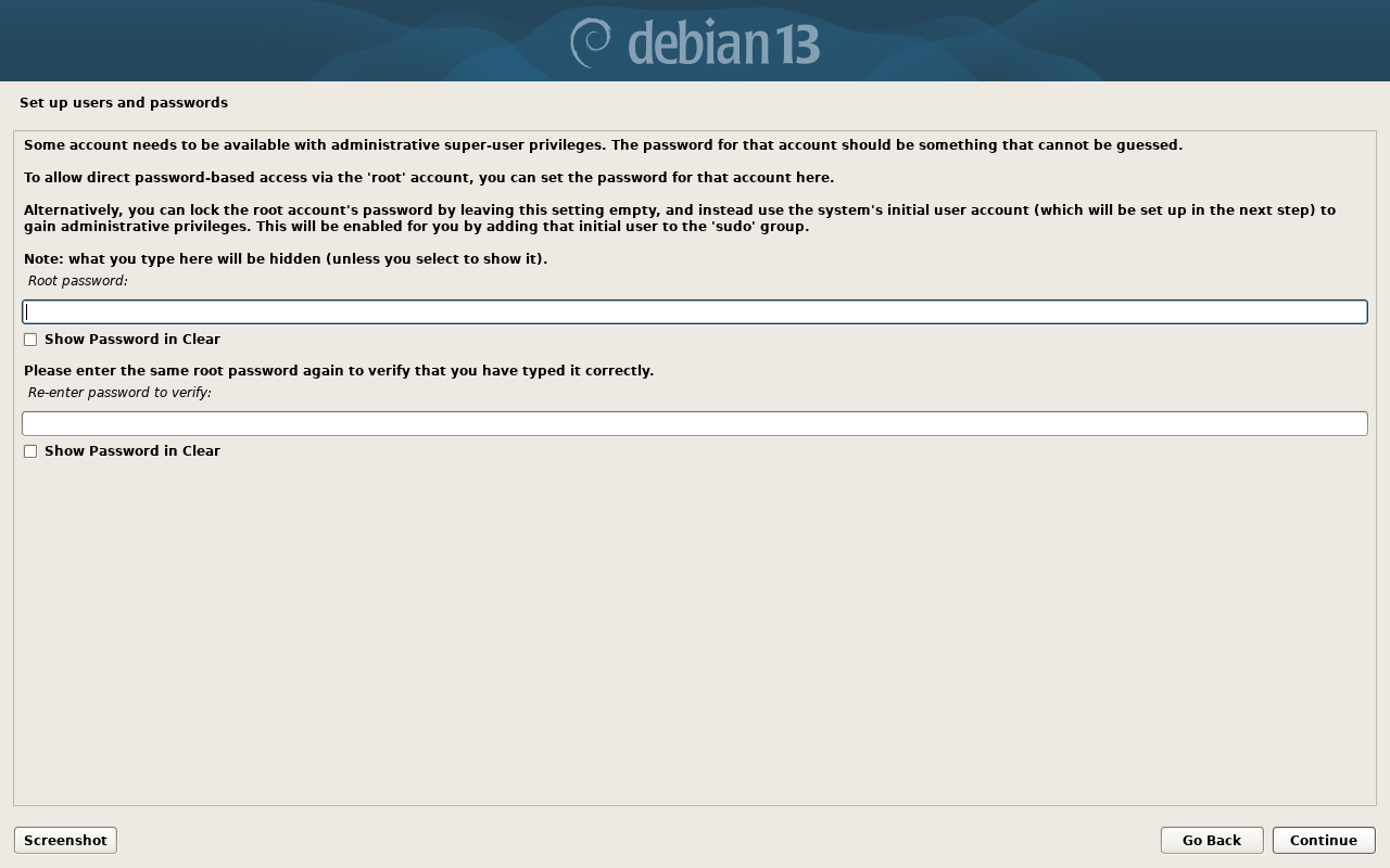 Layar Set up users and passwords Debian meminta kata sandi root