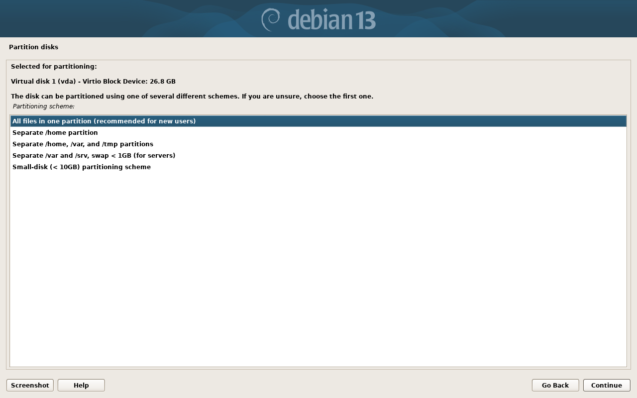 Layar Partitioning scheme Debian dengan pilihan All files in one partition