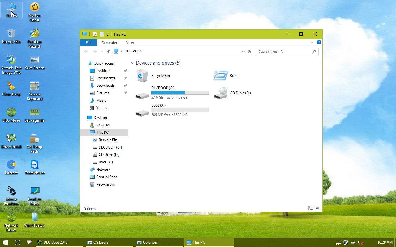 Jendela This PC di Mini Windows 10 menampilkan drive Boot X dan DLCBOOT C