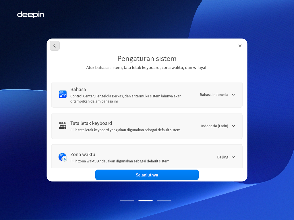 Layar Pengaturan sistem Deepin berbahasa Indonesia dengan baris Bahasa Bahasa Indonesia, Tata letak keyboard Indonesia Latin, dan Zona waktu Beijing