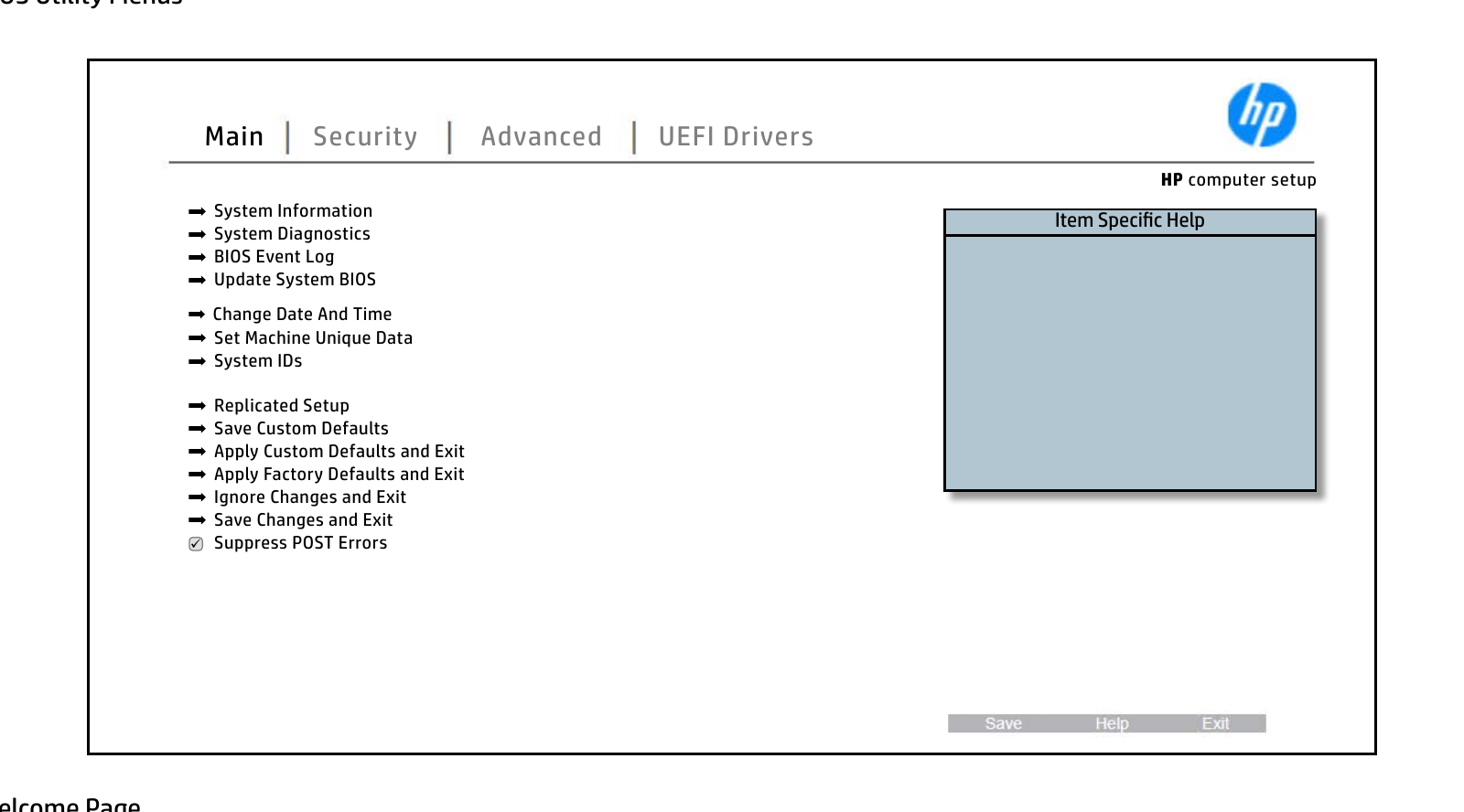 Layar BIOS HP bisnis, HP computer setup, tab Main Security Advanced UEFI Drivers
