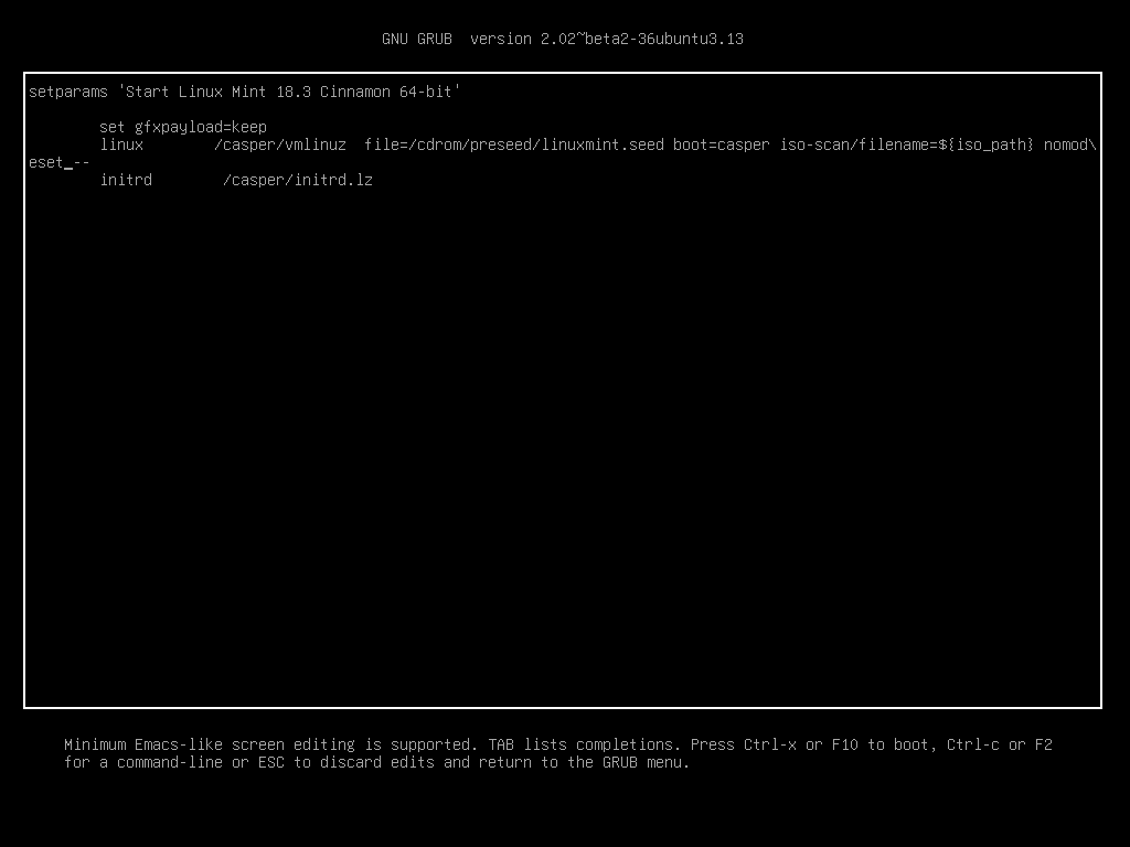 Layar edit parameter boot GRUB mode UEFI setelah menekan tombol e