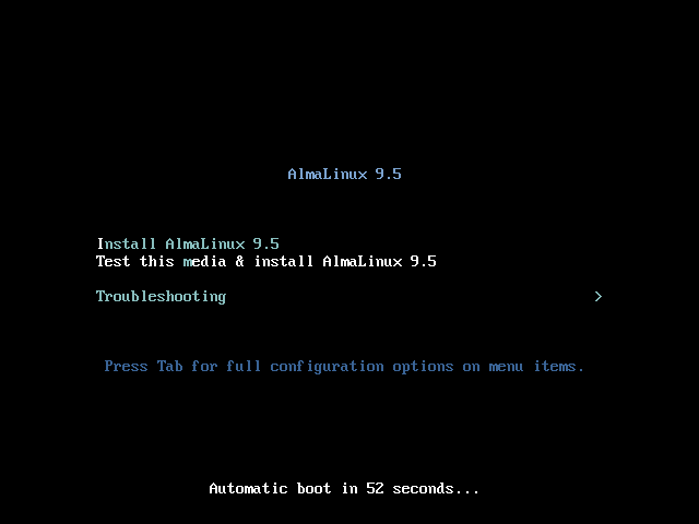 Menu boot AlmaLinux 9.5 dengan pilihan Install AlmaLinux 9.5, Test this media & install AlmaLinux 9.5, dan Troubleshooting, boot otomatis dalam 52 detik