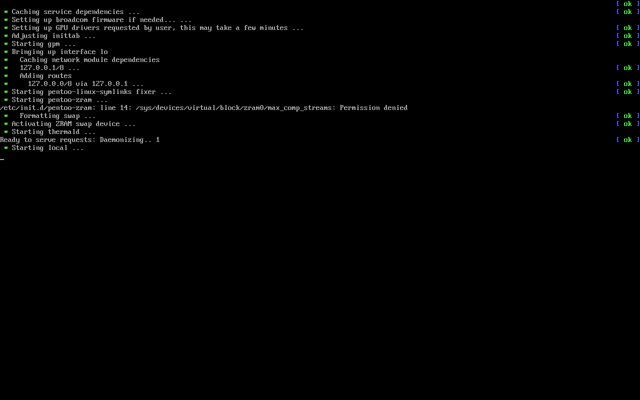 Log startup layanan Pentoo: caching service dependencies, setup driver GPU, symlink fixer, aktivasi ZRAM swap, dan thermald sebelum masuk ke prompt login