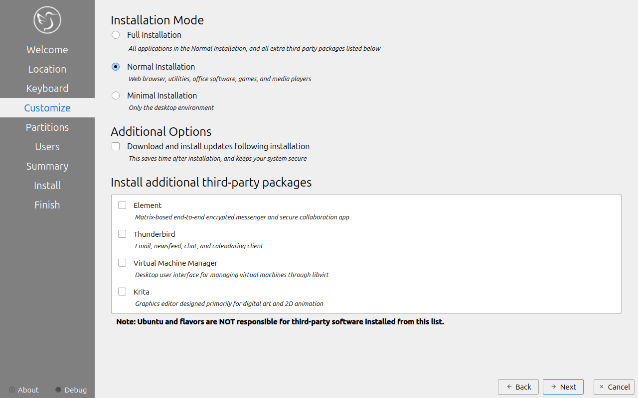 Layar Customize dengan pilihan Full, Normal, dan Minimal Installation