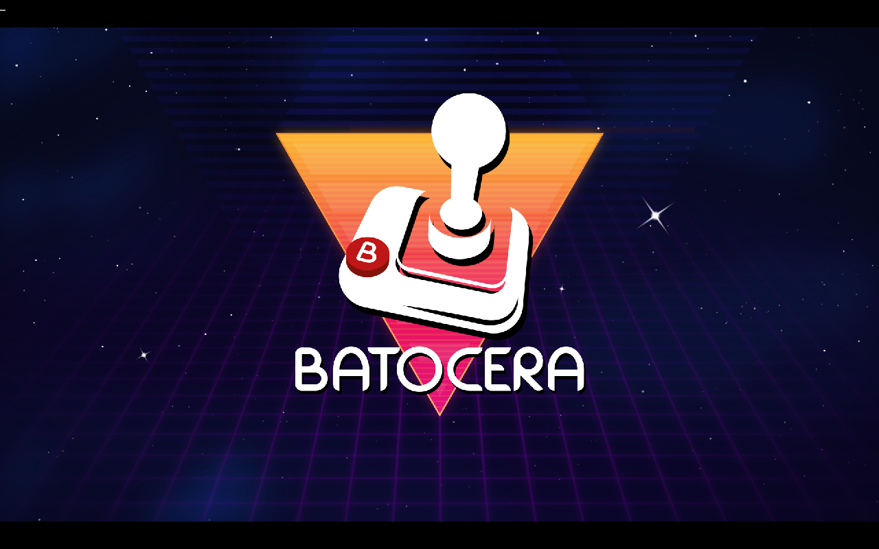 Layar sambutan Batocera: logo stik arcade putih-merah di atas segitiga gradasi oranye ke merah muda, latar grid neon ungu bergaya retro dengan bintang-bintang