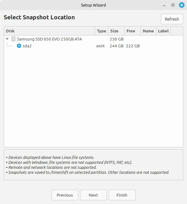 Timeshift memilih lokasi penyimpanan snapshot pada daftar disk