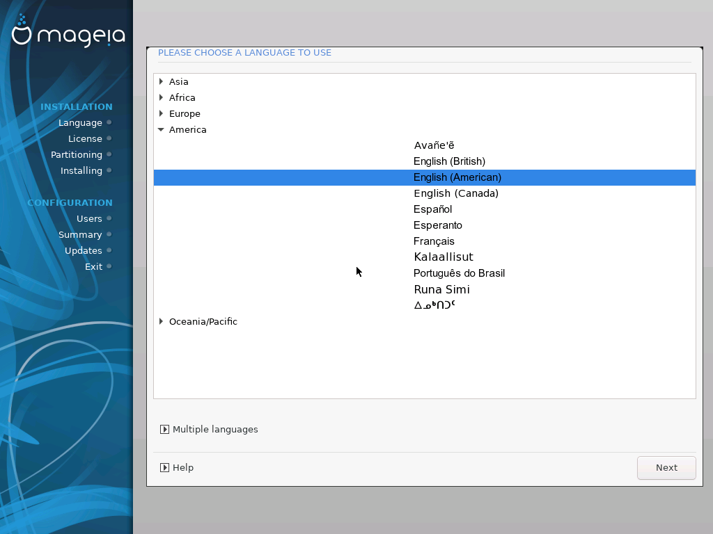 Layar Please choose a language to use pemasang DrakX Mageia dengan daftar tahap Language, License, Partitioning, Installing di sisi kiri
