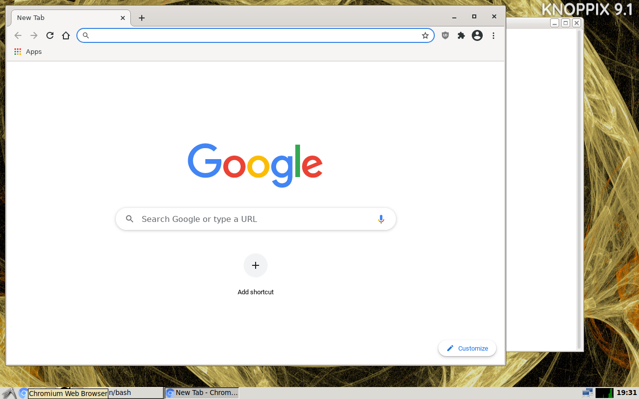 Peramban Chromium berjalan di Knoppix 9.1 menampilkan halaman awal