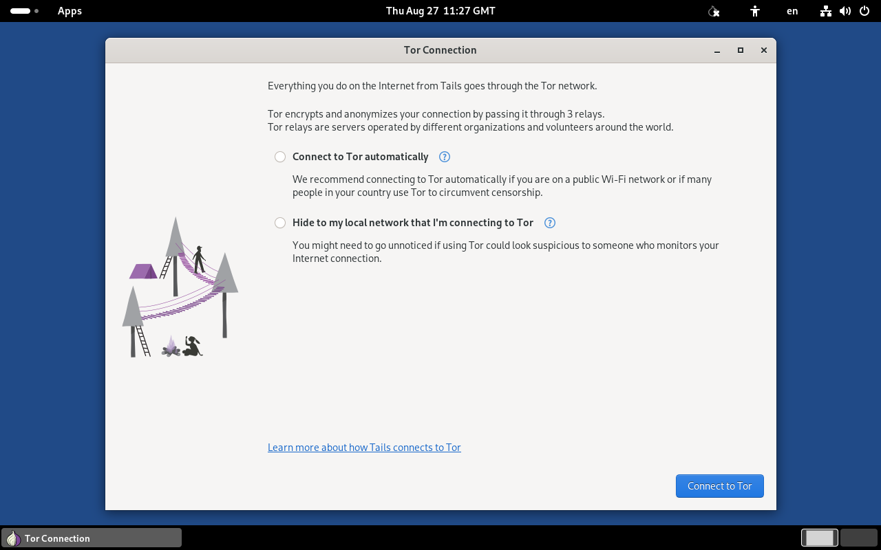 Jendela Tor Connection dengan pilihan Connect to Tor automatically atau Hide to my local network that I am connecting to Tor, beserta ilustrasi jalur relay Tor dan tombol Connect to Tor