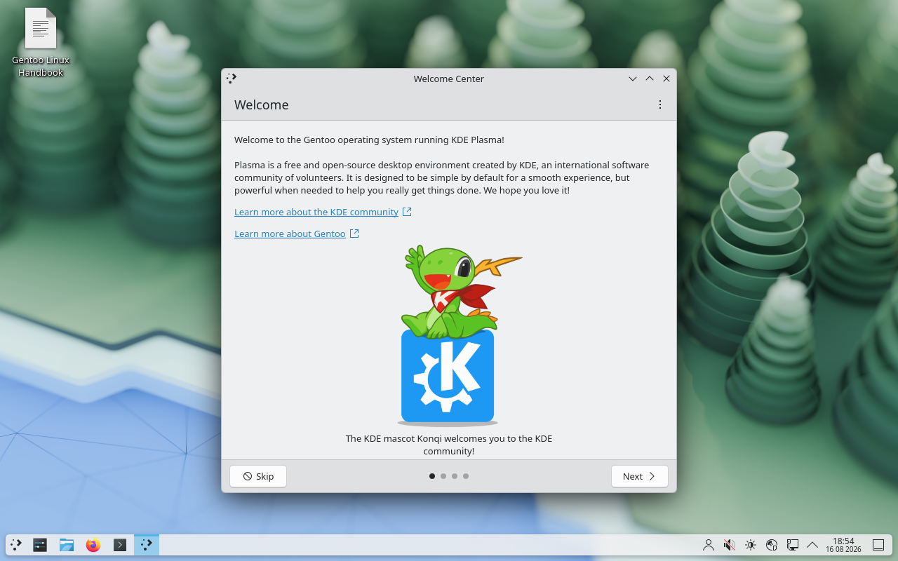 Desktop Gentoo LiveDVD dengan KDE Plasma, jendela Welcome Center, dan ikon Gentoo Linux Handbook di pojok kiri atas. Tidak ada ikon Install