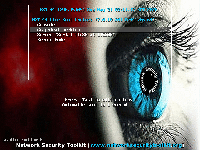 Menu boot NST 44 dengan pilihan Console, Graphical Desktop, Server, dan Rescue Mode