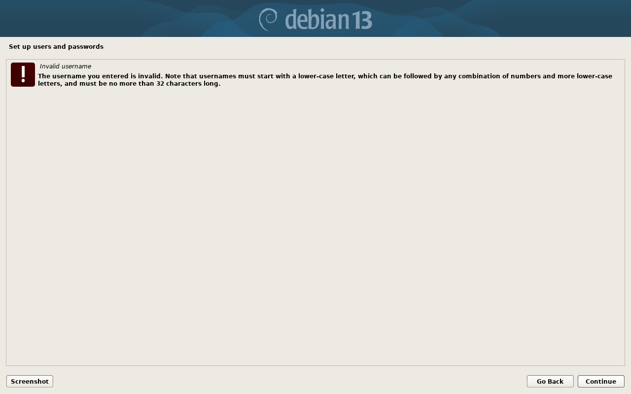 Pesan kesalahan Invalid username di pemasang Debian