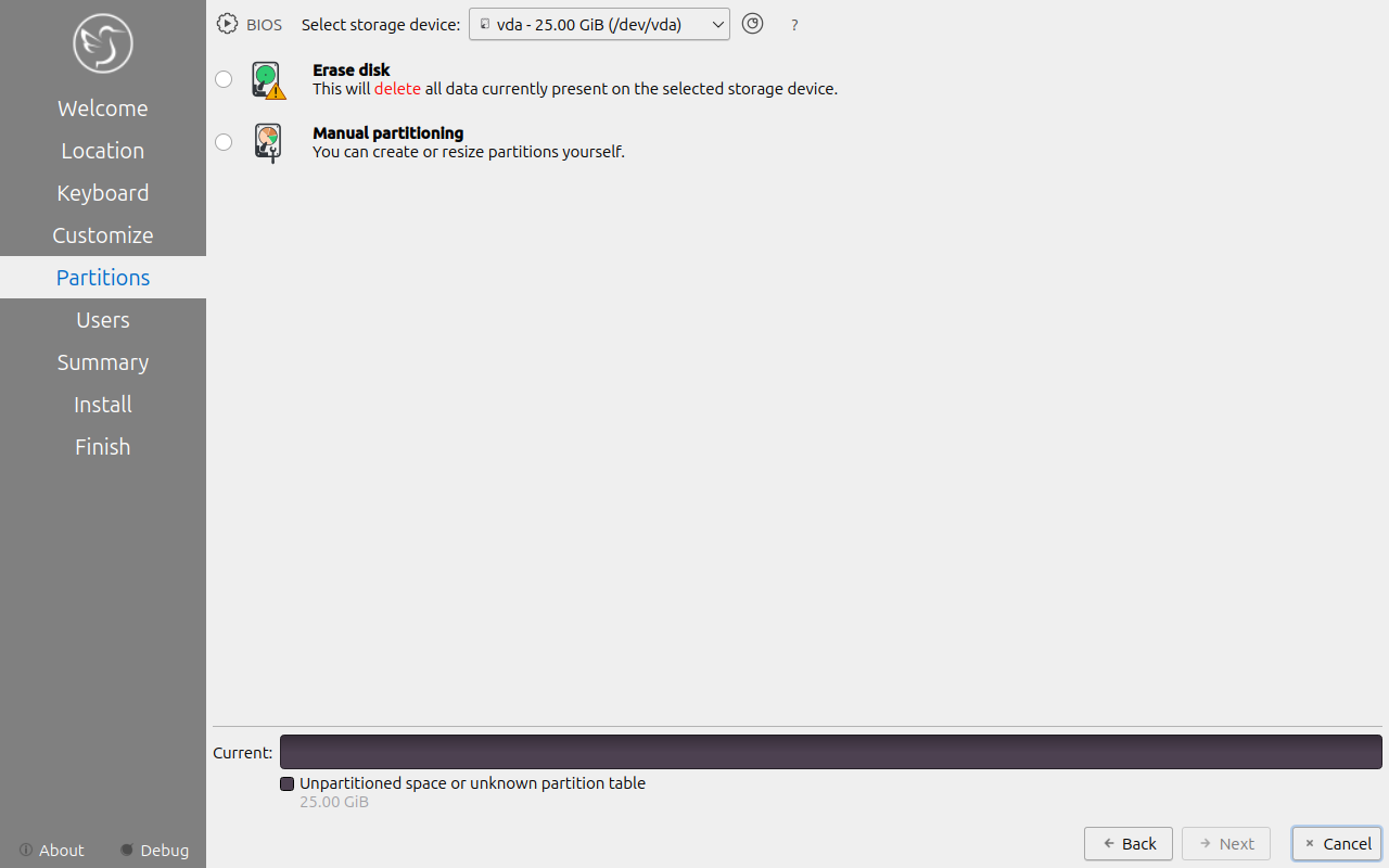 Layar Partitions dengan pilihan Erase disk dan Manual partitioning