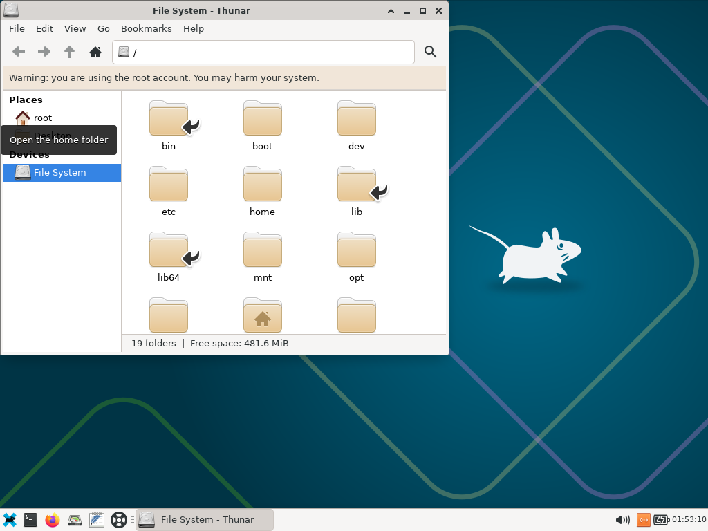 File manager Thunar terbuka menampilkan struktur folder root filesystem dengan peringatan penggunaan akun root