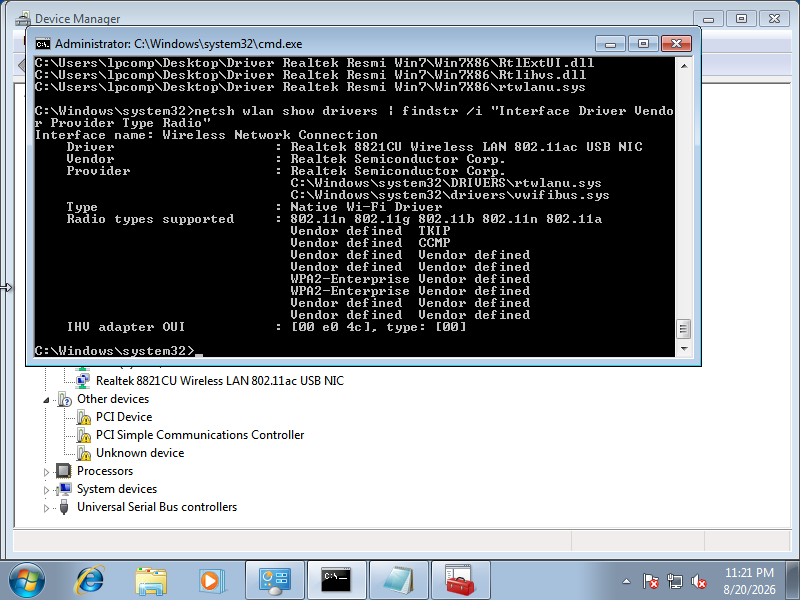 Output netsh wlan show drivers menunjukkan Type Native Wi-Fi Driver, driver yang benar