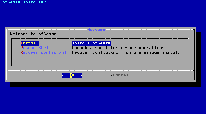 Layar Welcome to pfSense dengan tiga pilihan Install pfSense, Rescue Shell, dan Recover config.xml, tombol OK tersorot