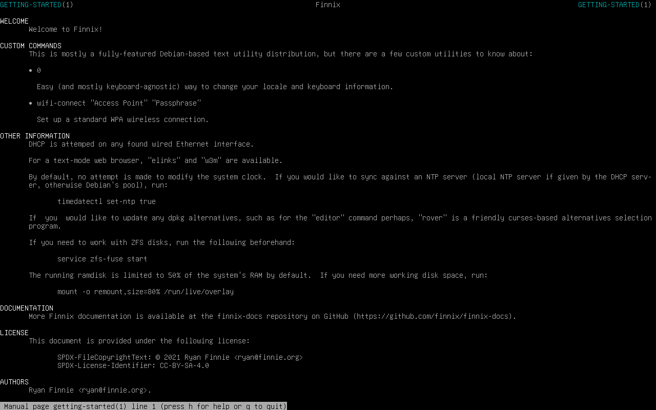 Halaman manual getting-started Finnix berisi daftar perkakas kustom seperti perintah locale, wifi-connect, elinks/w3m, timedatectl, rover, dan zfs-fuse