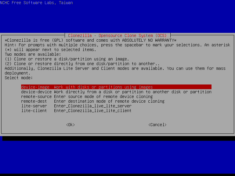 Menu utama Clonezilla Opensource Clone System OCS dengan pilihan device-image tersorot merah dan pilihan device-device remote-source remote-dest lite-server lite-client di bawahnya